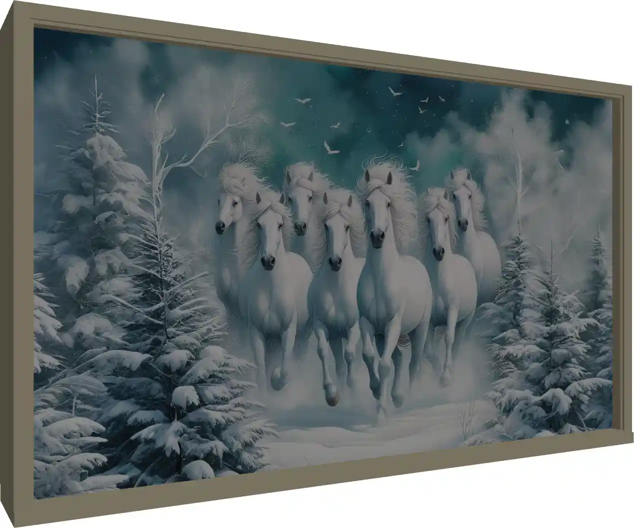 Seven Horses Ice Background Canvas — floater frame preview | PrintPosters.in